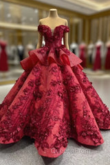 Burgundy Sequins Off the Shoulder 3D Flower Floor Length Evening Prom Dress