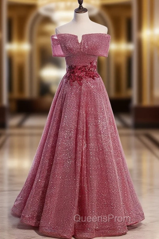 Burgundy Sequins Off the Shoulder Appliques Evening Prom Dress
