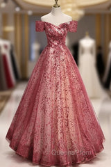 Burgundy Sequins Off the Shoulder Evening Prom Dress