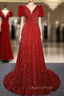 Burgundy Sequins Puff Sleeve Evening Prom Dress With Bow