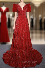 Burgundy Sequins Puff Sleeve Evening Prom Dress With Bow