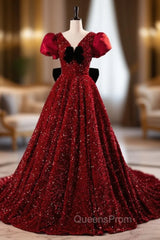 Burgundy Sequins Puff Sleeve Evening Prom Dress