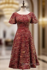 Burgundy Sequins Puff Sleeve Tea Length Evening Prom Dress