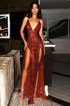 Burgundy Shiny Sequins V-Neck Long Elegant Sexy Backless Sleeveless Front Slit Ball Gown Classy Evening Dress Party Dress