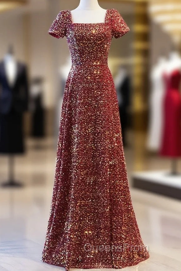 Burgundy Sequins Square Short Sleeve Evening Prom Dress Main image