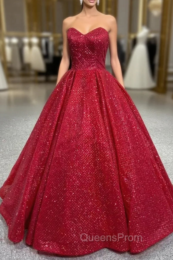 Burgundy Sequins Strapless Evening Prom Dress