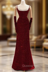 Burgundy Sequins Straps Beading Evening Prom Dress