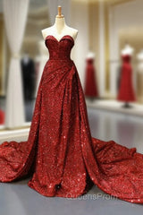 Burgundy Sequins Sweetheart Pleats Evening Prom Dress With Long Train