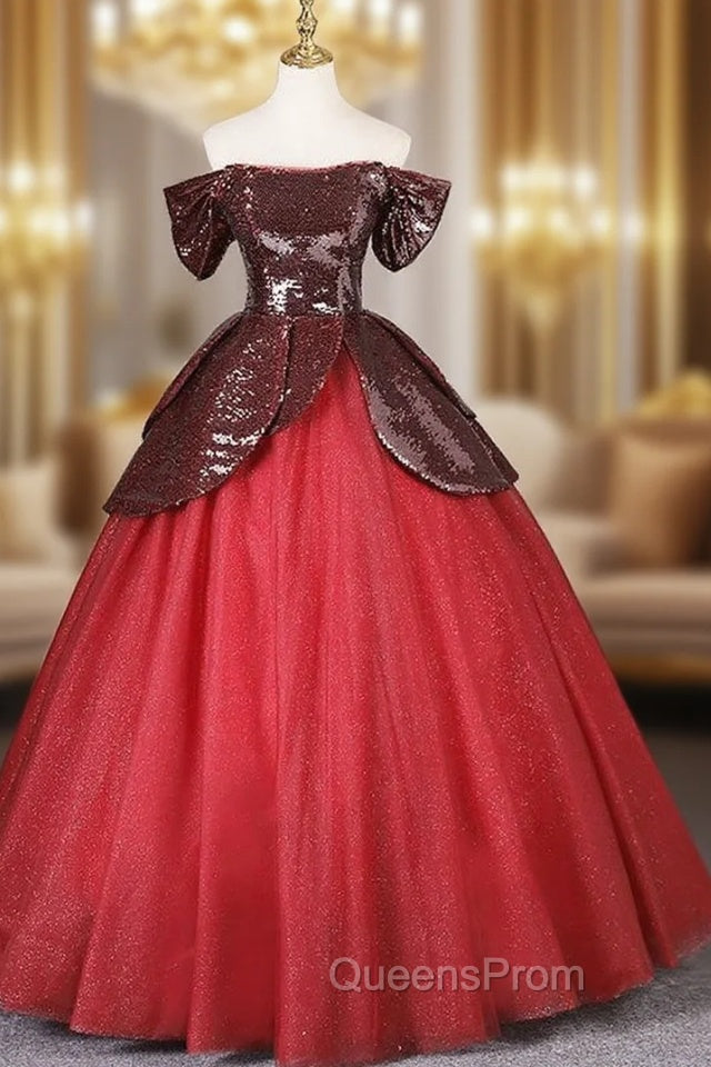 Burgundy Sequins Tulle Off the Shoulder Quinceanera Dress