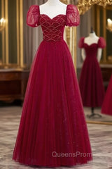 Burgundy Sequins Tulle Puff Sleeve Beading Evening Prom Dress