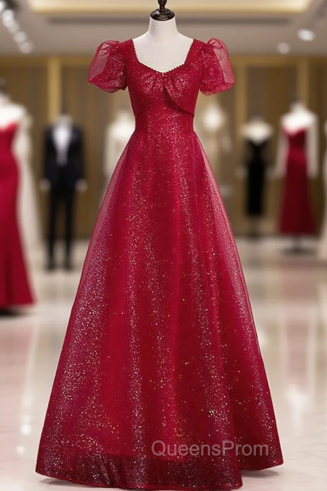 Burgundy Sequins Tulle Square Short Sleeve Evening Prom Dress