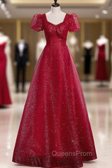 Burgundy Sequins Tulle Square Short Sleeve Evening Prom Dress