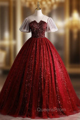 Burgundy Sequins V-neck Puff Sleeve Quinceanera Dress