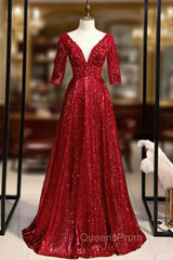 Burgundy Sequins V-neck Short Sleeve Appliques Evening Prom Dress