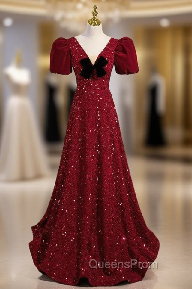 Burgundy Sequins V-neck Short Sleeve Evening Prom Dress Main image