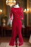 Burgundy Sheath Satin Tulle Appliques Short Sleeve Short Evening Prom Dress