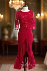 Burgundy Sheath Satin Tulle Appliques Short Sleeve Short Evening Prom Dress