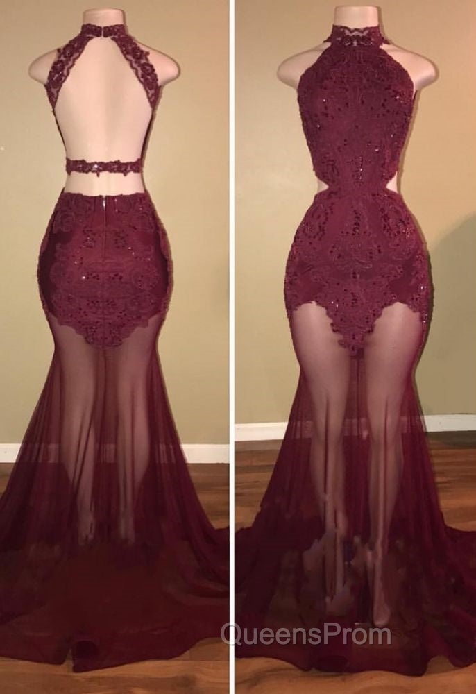 Burgundy Sheer-Tulle Lace-Appliques High-Neck Mermaid Evening Prom Dress Secondary image