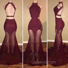 Burgundy Sheer-Tulle Lace-Appliques High-Neck Mermaid Evening Prom Dress