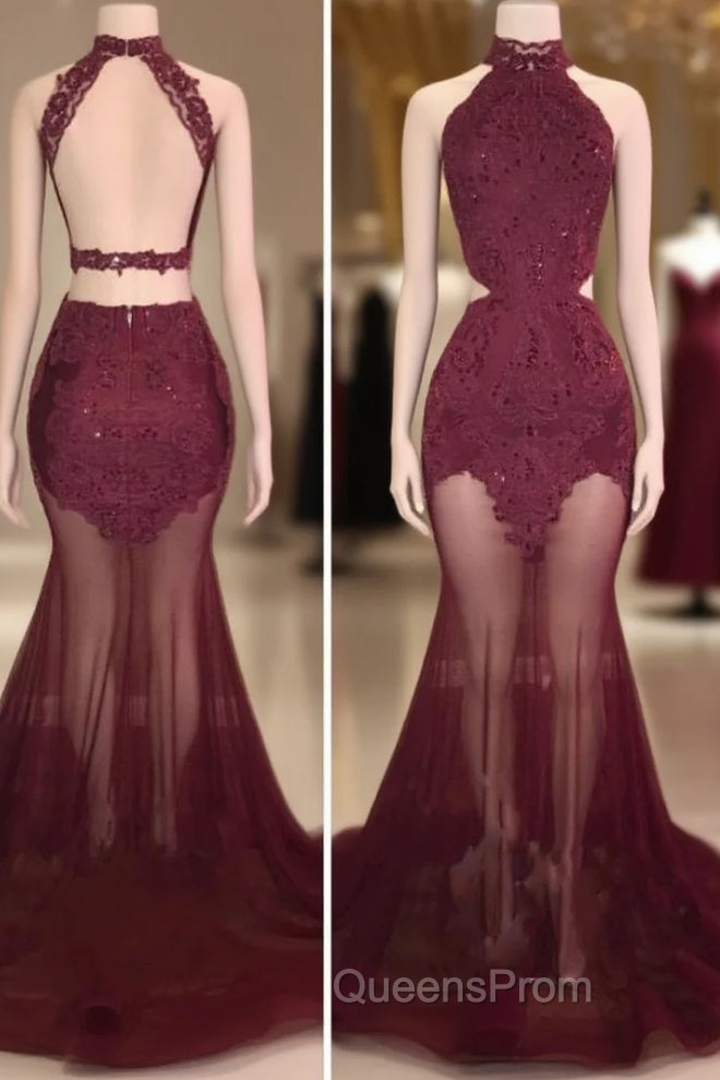 Burgundy Sheer-Tulle Lace-Appliques High-Neck Mermaid Evening Prom Dress Main image