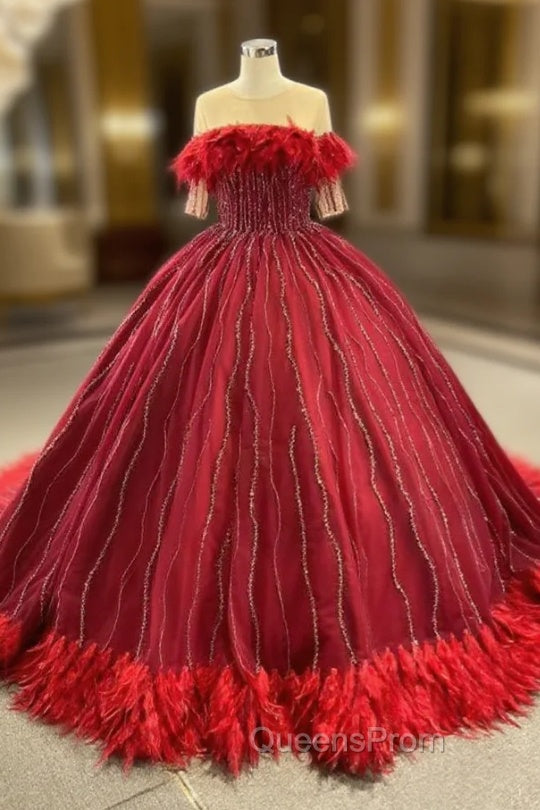 Burgundy Short Sleeve Beading Feather Evening Prom Dress Main image