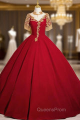 Burgundy Short Sleeve Beading Sequins Quinceanera Dress