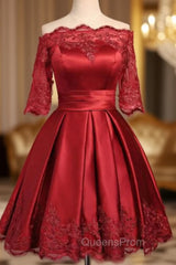 Burgundy Short Sleeve Off The Shoulder Satin Dress