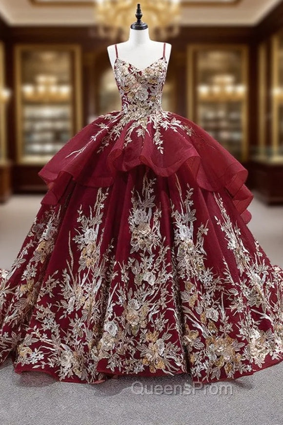 Burgundy Spaghetti Straps Appliques Evening Prom Dress