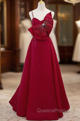 Burgundy Spaghetti Straps Pearls Bow Evening Prom Dress