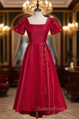 Burgundy Square Puff Sleeve Backless Pearls Evening Prom Dres