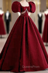Burgundy Square Puff Sleeve Backless Evening Prom Dress