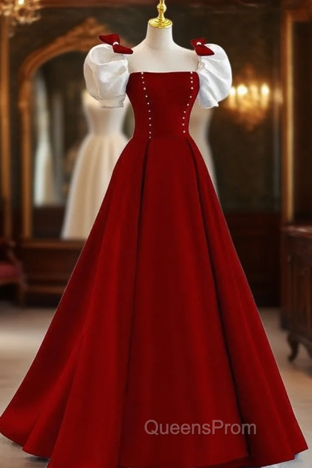 Burgundy Square Puff Sleeve Bow Evening Prom Dress Main image