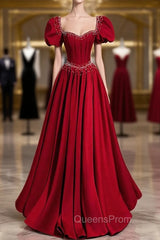 Burgundy Square Puff Sleeve Pearls Evening Prom Dress