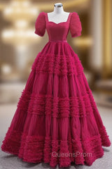 Burgundy Square Puff Sleeve Evening Prom Dress