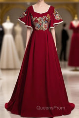 Burgundy Square Short Sleeve Embroidery Appliques Evening Prom Dress