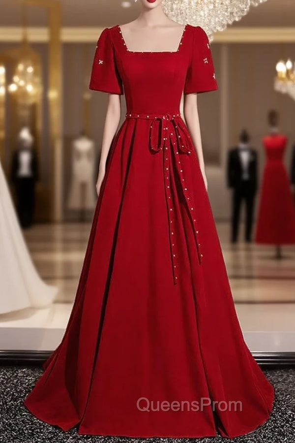 Burgundy Square Short Sleeve Pearls Evening Prom Dress