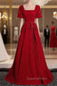 Burgundy Square Short Sleeve Pearls Evening Prom Dress