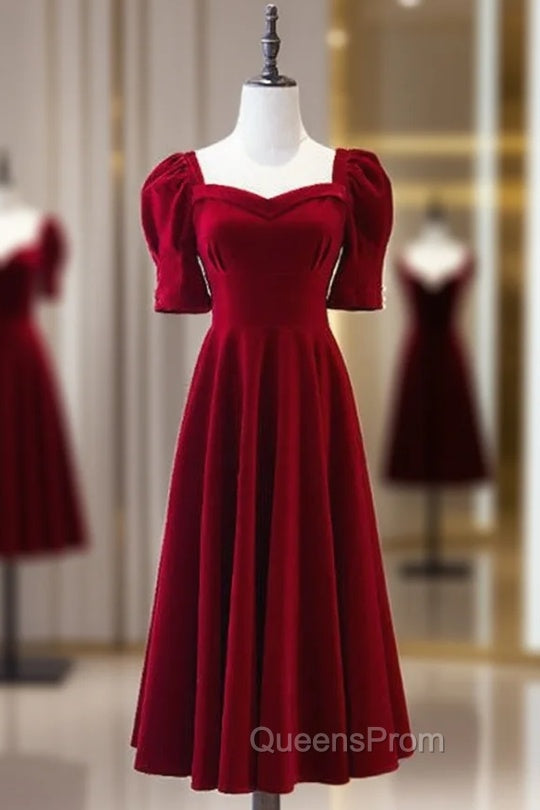 Burgundy Square Short Sleeve Tea Length Evening Prom Dress Main image