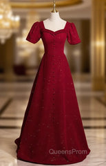 Burgundy Square Square Puff Sleeve Button Evening Prom Dress