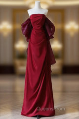 Burgundy Strapless Pleats Evening Prom Dress