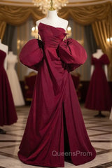 Burgundy Strapless Pleats Puff Sleeve Evening Prom Dress