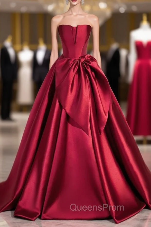 Burgundy Strapless Satin Bow Evening Prom Dress Main image