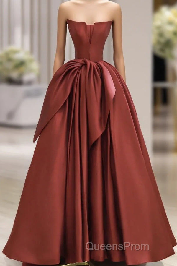 Burgundy Strapless Satin Long Evening Prom Dress, Beautiful A-Line Evening Party Dress Main image