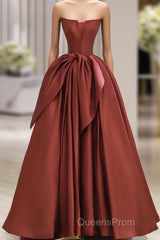 Burgundy Strapless Satin Long Evening Prom Dress, Beautiful A-Line Evening Party Dress