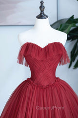 Burgundy Strapless Tulle Long Evening Dress, Sweetheart Neckline Evening Dress