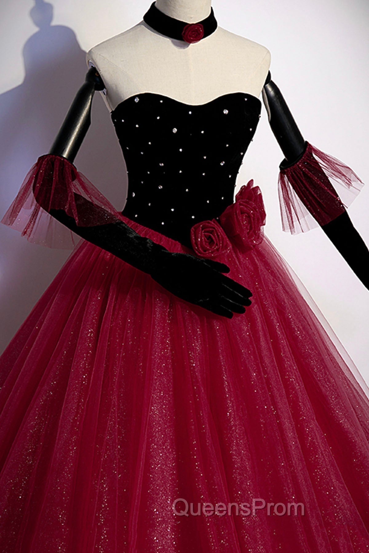 Burgundy Strapless Tulle Long Evening Prom Dress, A-Line Evening Party Dress Secondary image