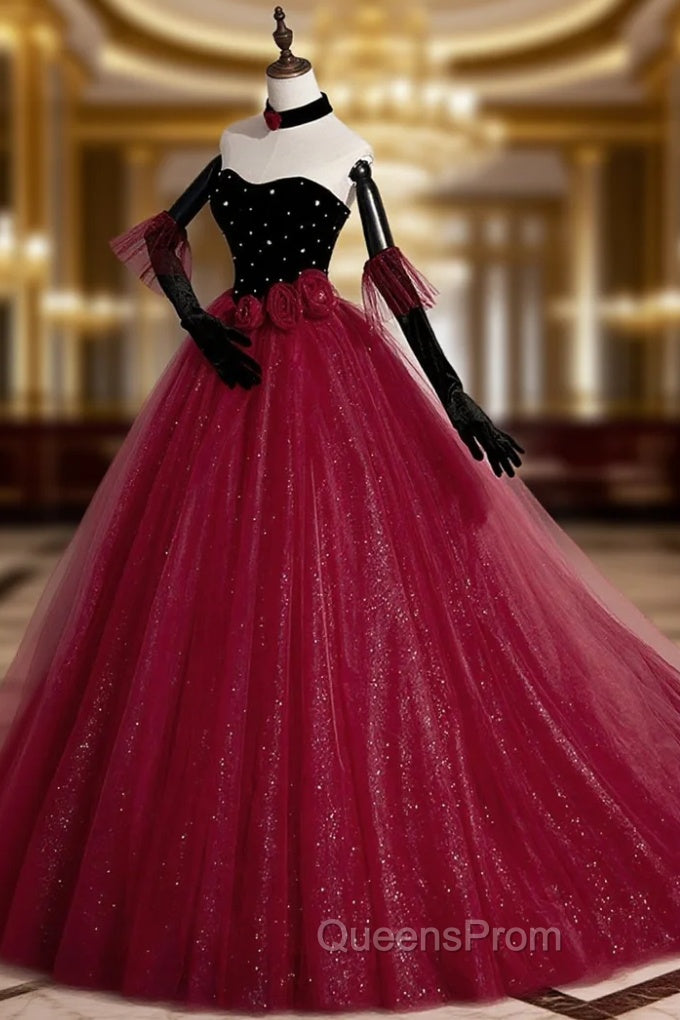 Burgundy Strapless Tulle Long Evening Prom Dress, A-Line Evening Party Dress