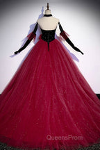 Burgundy Strapless Tulle Long Evening Prom Dress, A-Line Evening Party Dress