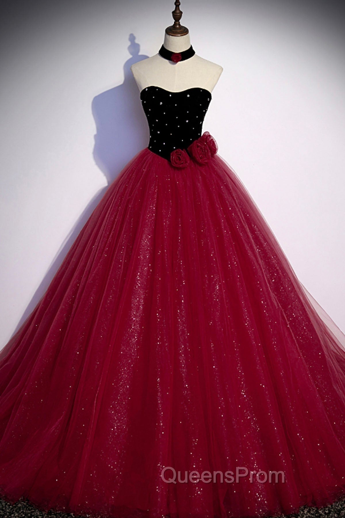 Burgundy Strapless Tulle Long Evening Prom Dress, A-Line Evening Party Dress