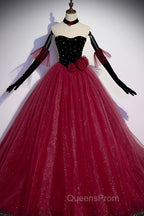 Burgundy Strapless Tulle Long Evening Prom Dress, A-Line Evening Party Dress